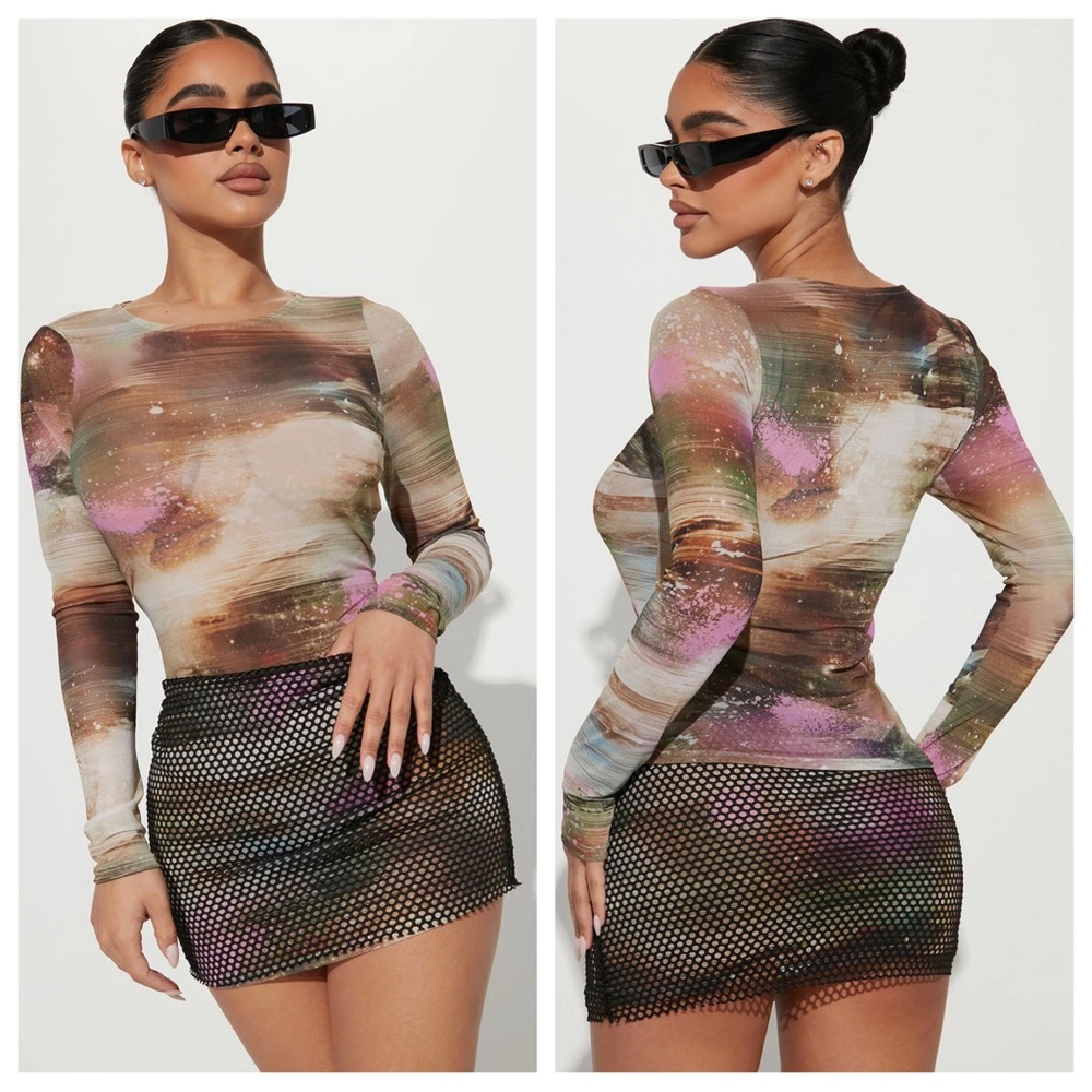 Fashion Nova Feelin' Intergalactic Brown Purple Mesh Mini Skirt Set Small